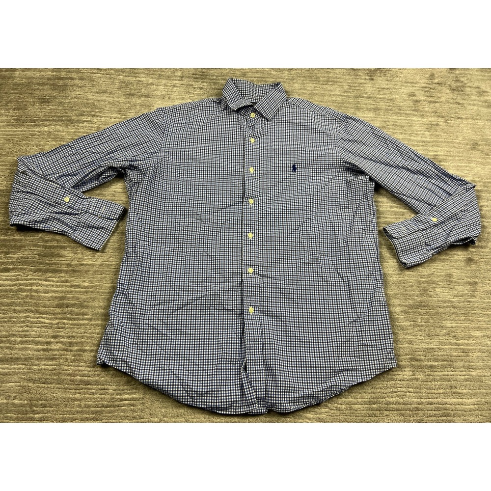 Polo Ralph Lauren Button Down Mens L Blue Gingham Check Long Sleeve Cotton Logo